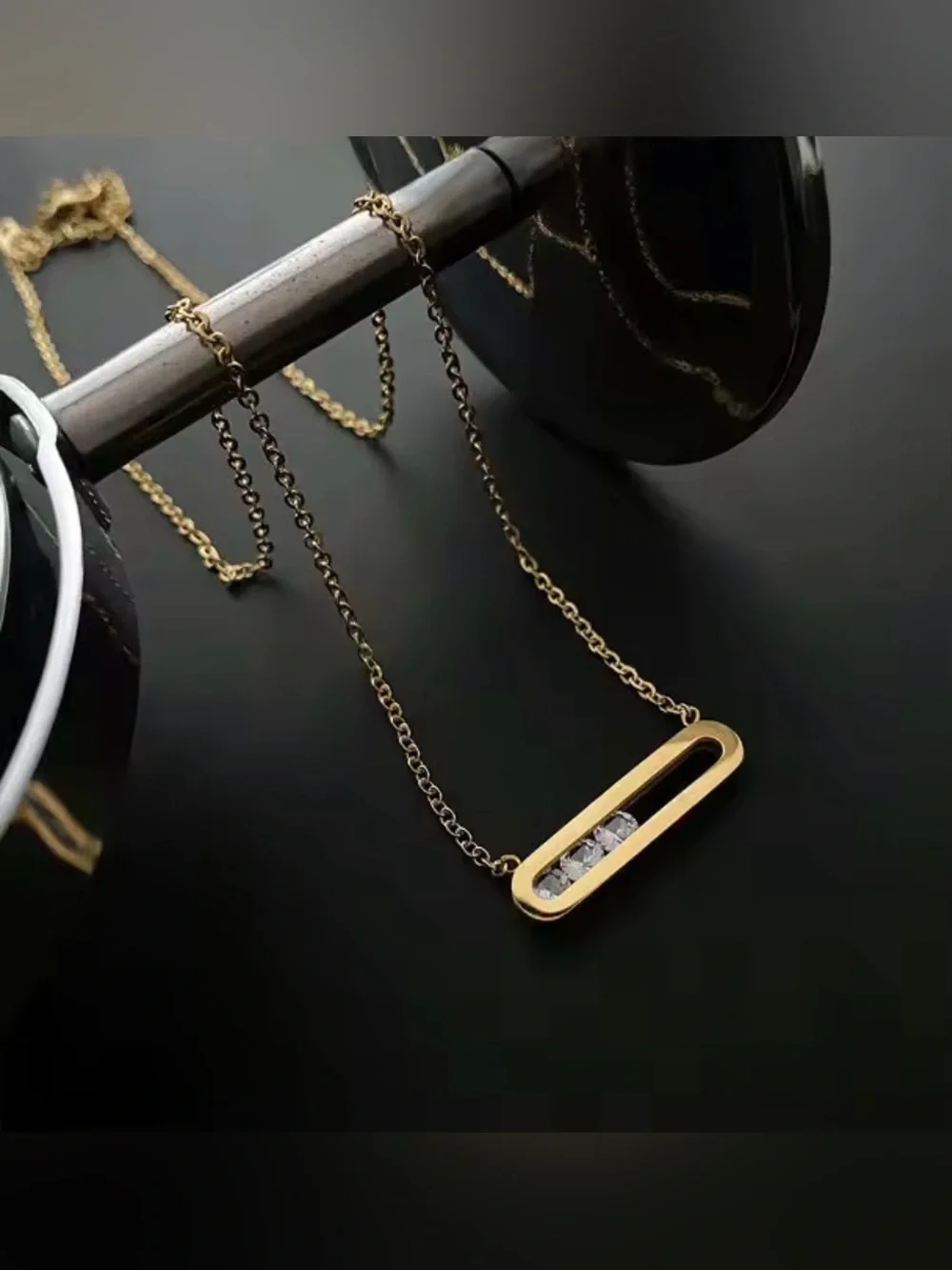 18K Gold Geometrical Link Paperclip Designer Inspired Moving Diamond Necklace